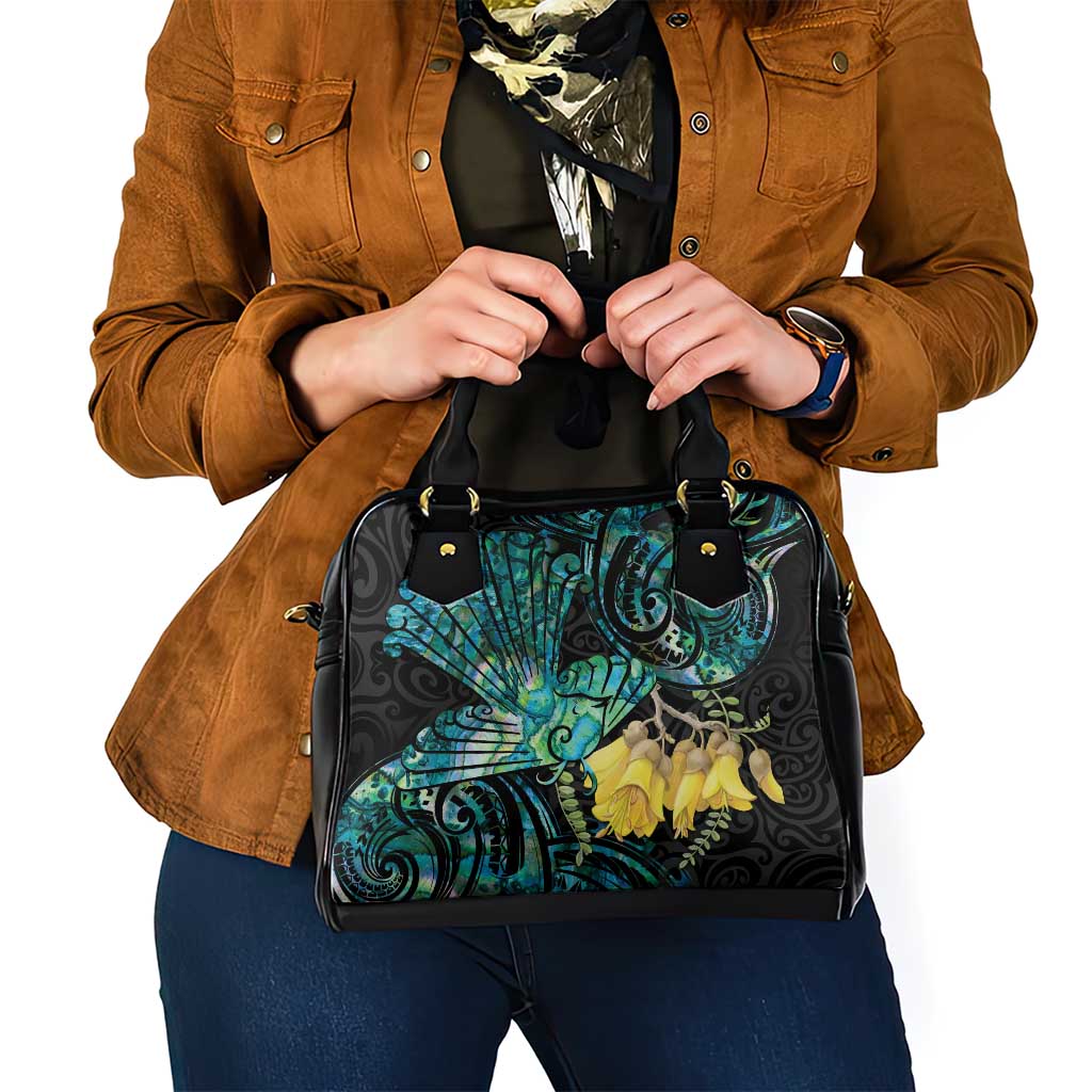 New Zealand Fantail Bird Shoulder Handbag Maori Piwakawaka Kowhai - Paua Shell Pattern