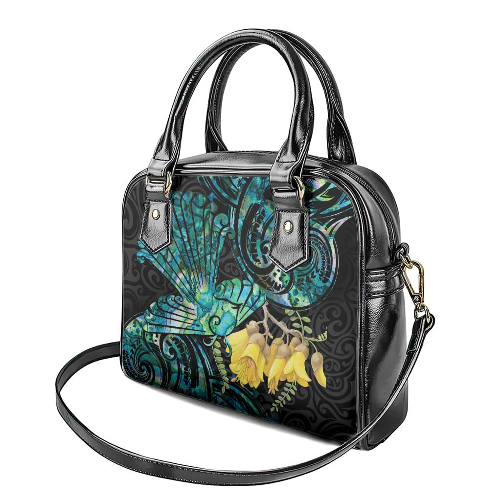 New Zealand Fantail Bird Shoulder Handbag Maori Piwakawaka Kowhai - Paua Shell Pattern