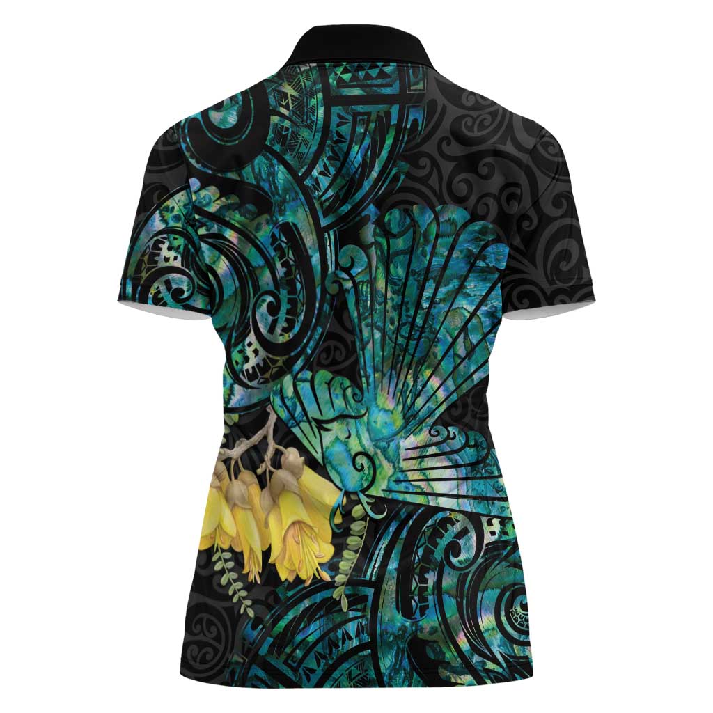 New Zealand Fantail Bird Women Polo Shirt Maori Piwakawaka Kowhai - Paua Shell Pattern