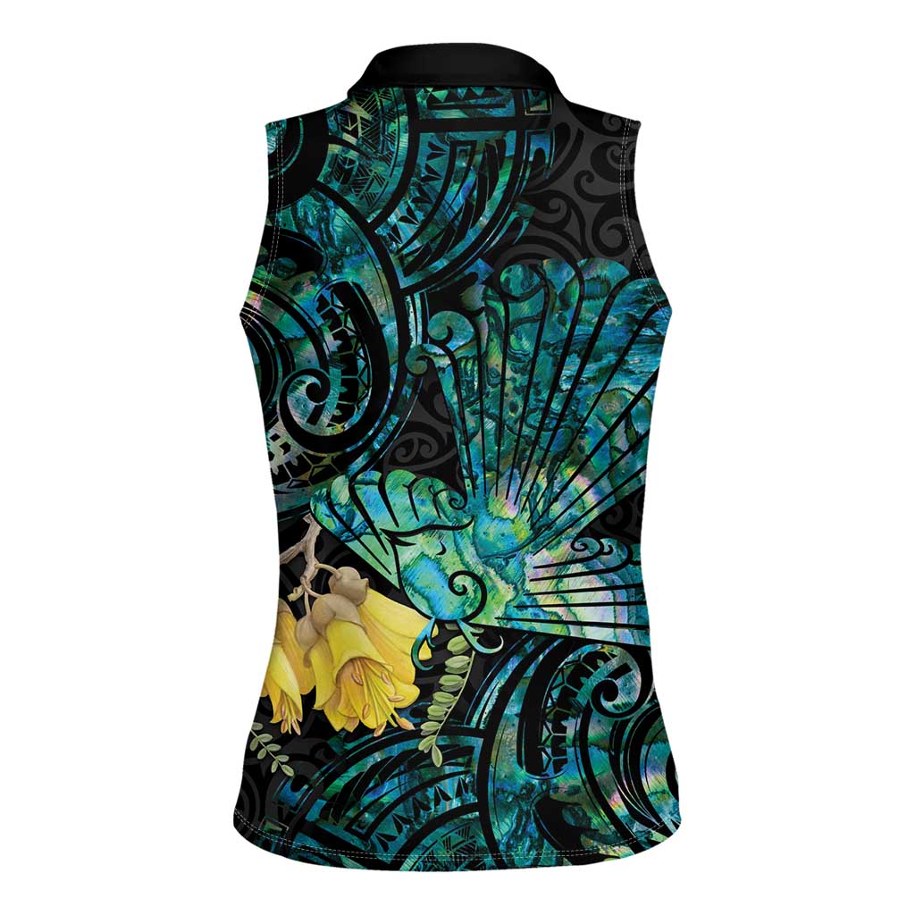 New Zealand Fantail Bird Women Sleeveless Polo Shirt Maori Piwakawaka Kowhai - Paua Shell Pattern