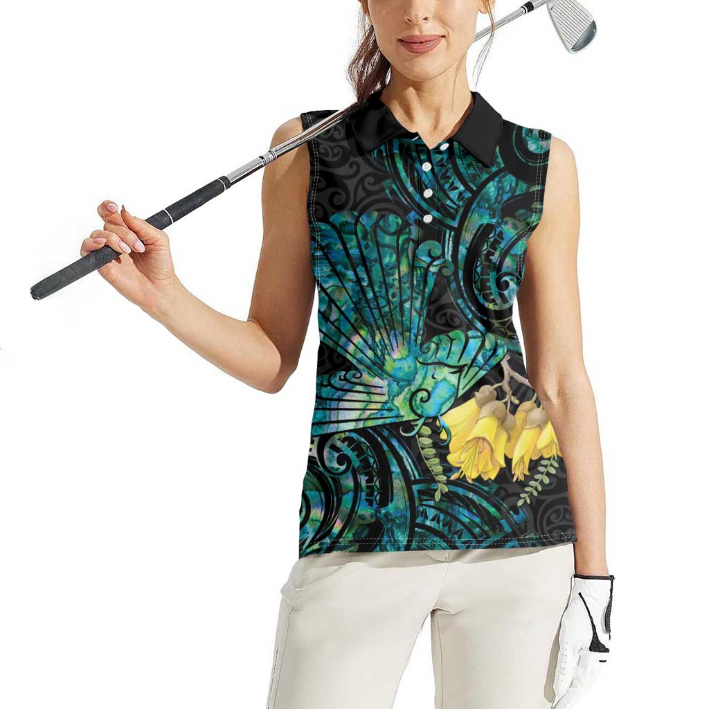 New Zealand Fantail Bird Women Sleeveless Polo Shirt Maori Piwakawaka Kowhai - Paua Shell Pattern