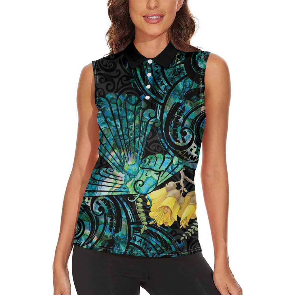 New Zealand Fantail Bird Women Sleeveless Polo Shirt Maori Piwakawaka Kowhai - Paua Shell Pattern