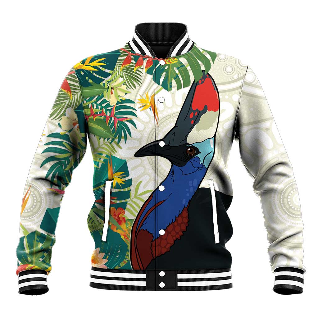 Cassowary Australia Baseball Jacket Tropical Flowers Mix Aboriginal Art