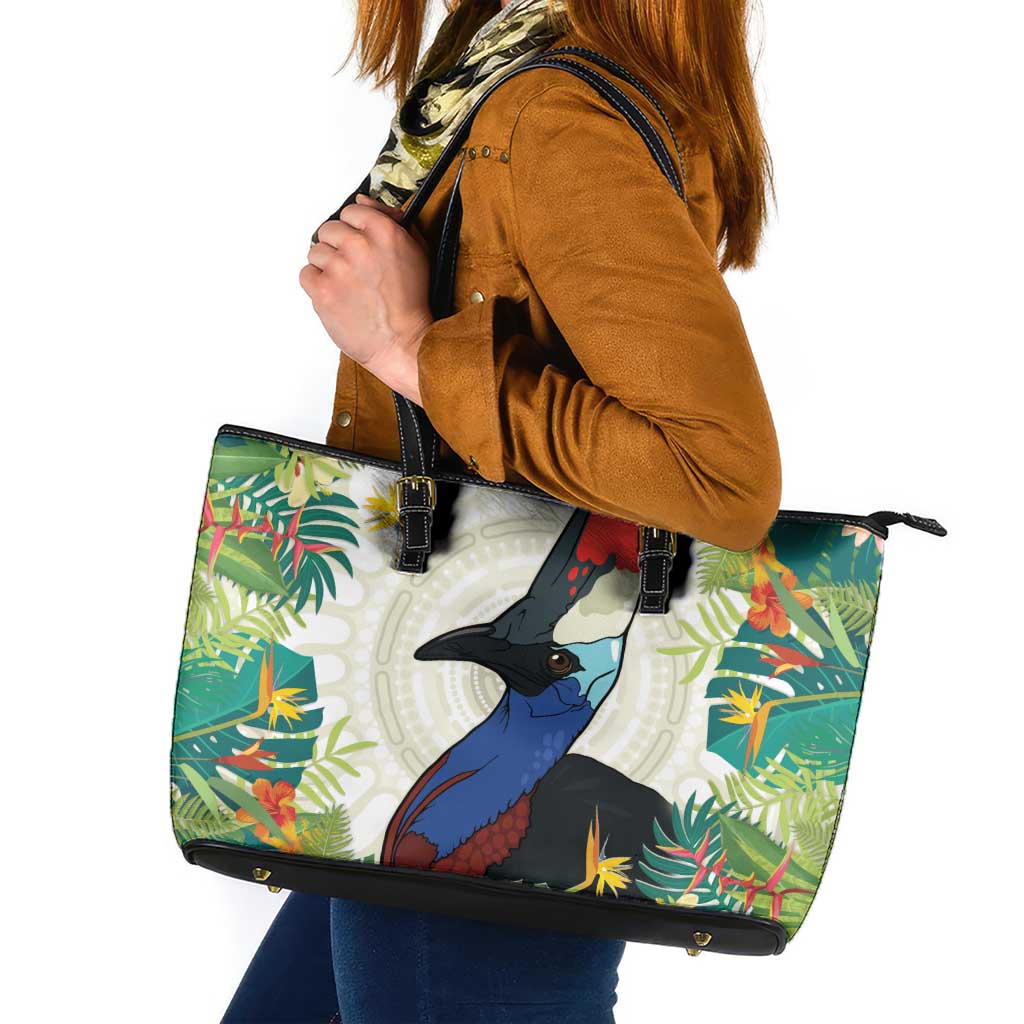 Cassowary Australia Leather Tote Bag Tropical Flowers Mix Aboriginal Art