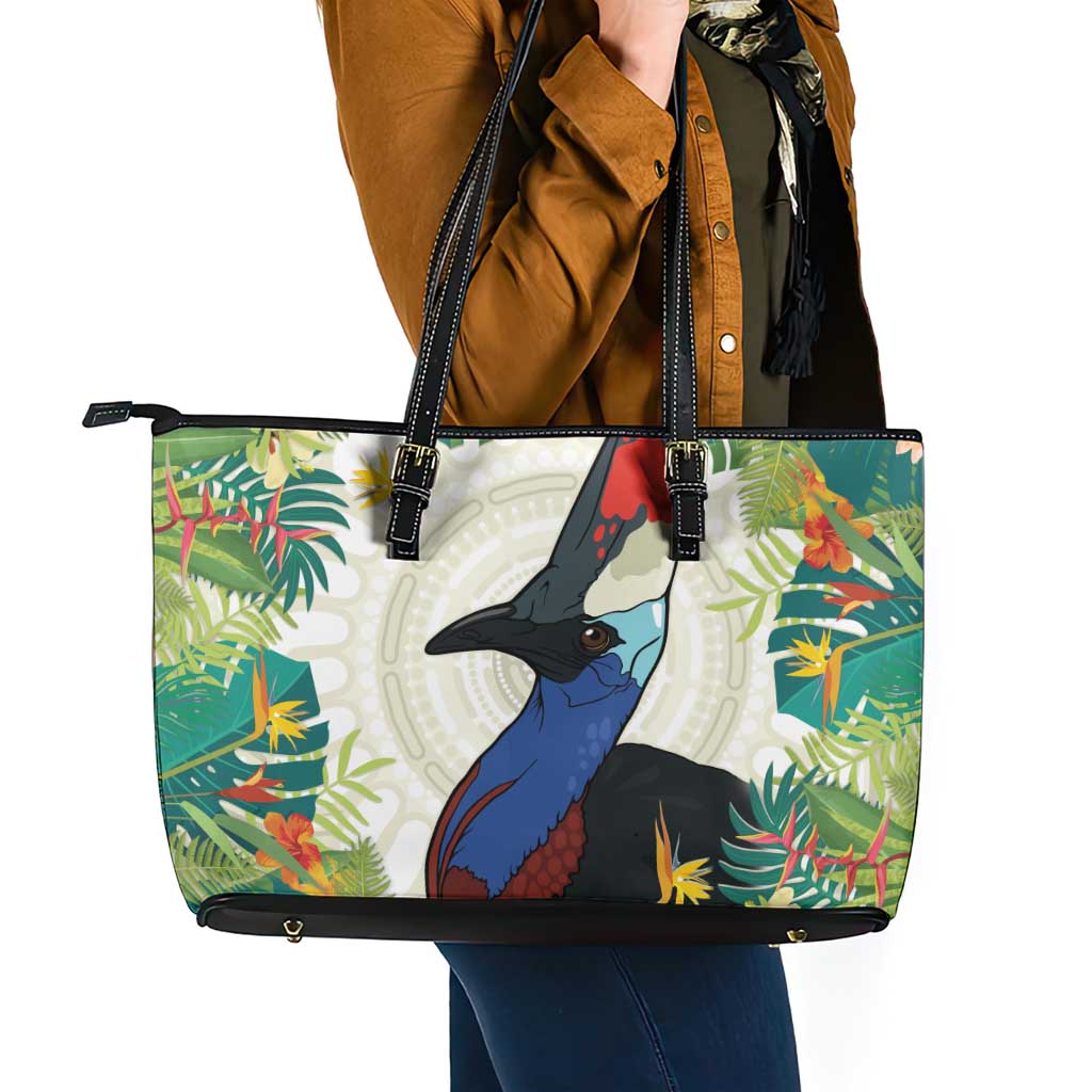 Cassowary Australia Leather Tote Bag Tropical Flowers Mix Aboriginal Art