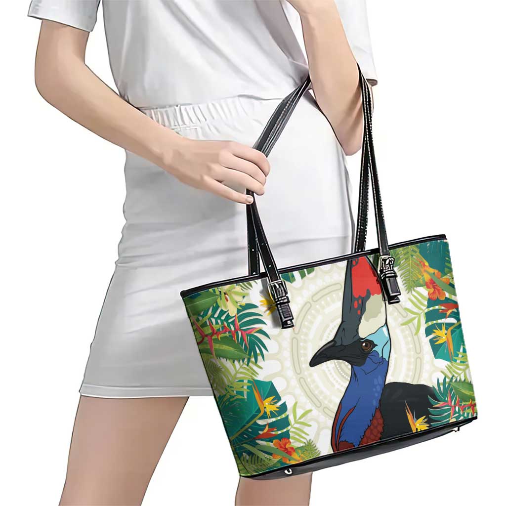 Cassowary Australia Leather Tote Bag Tropical Flowers Mix Aboriginal Art