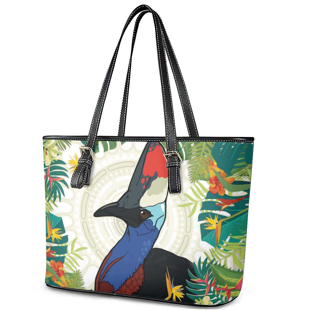 Cassowary Australia Leather Tote Bag Tropical Flowers Mix Aboriginal Art