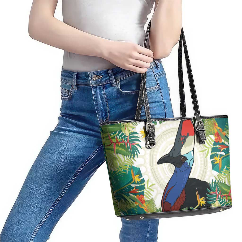 Cassowary Australia Leather Tote Bag Tropical Flowers Mix Aboriginal Art