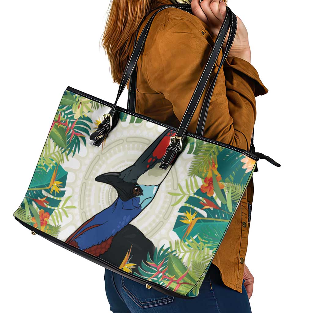 Cassowary Australia Leather Tote Bag Tropical Flowers Mix Aboriginal Art