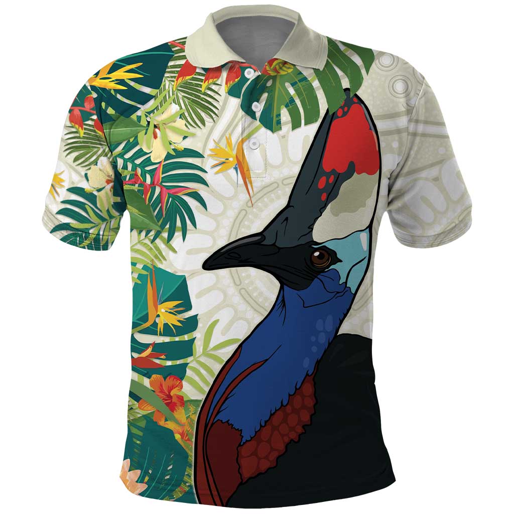 Cassowary Australia Polo Shirt Tropical Flowers Mix Aboriginal Art