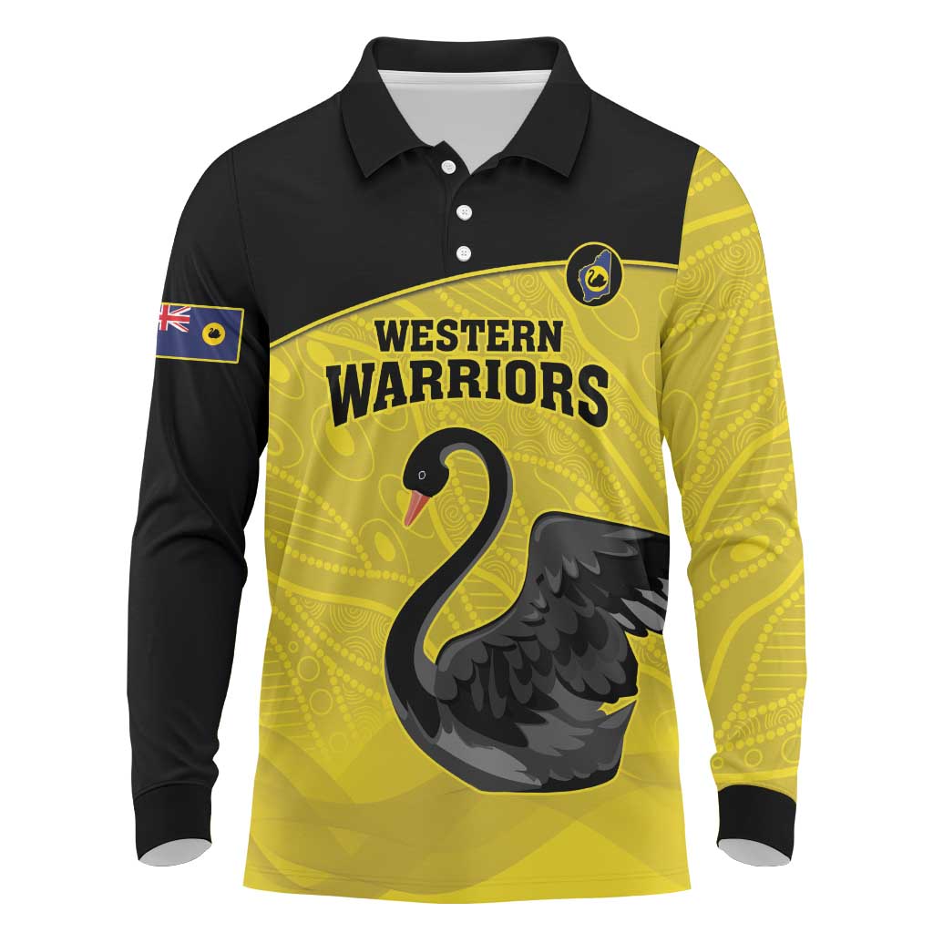 Custom Western Australia Cricket Long Sleeve Polo Shirt Go Warriors Black Swans - Aboriginal Art