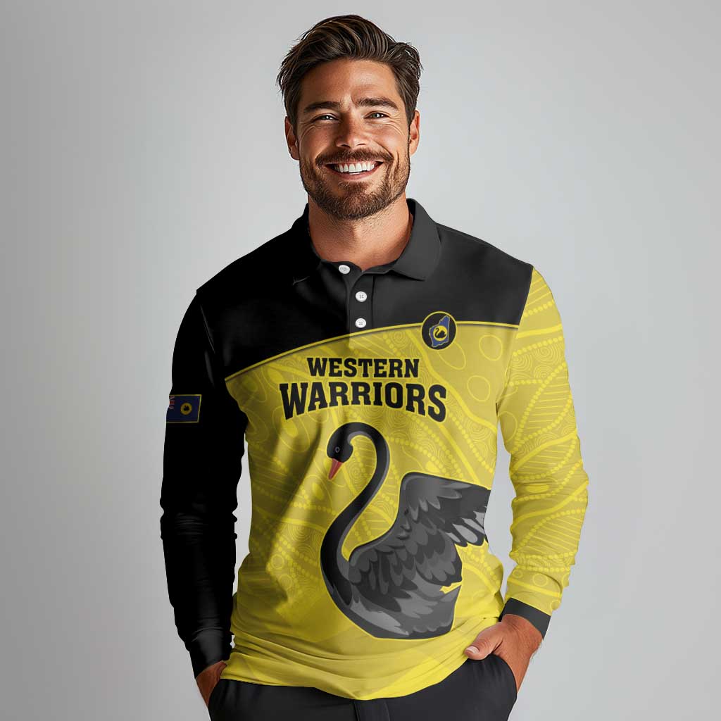 Custom Western Australia Cricket Long Sleeve Polo Shirt Go Warriors Black Swans - Aboriginal Art