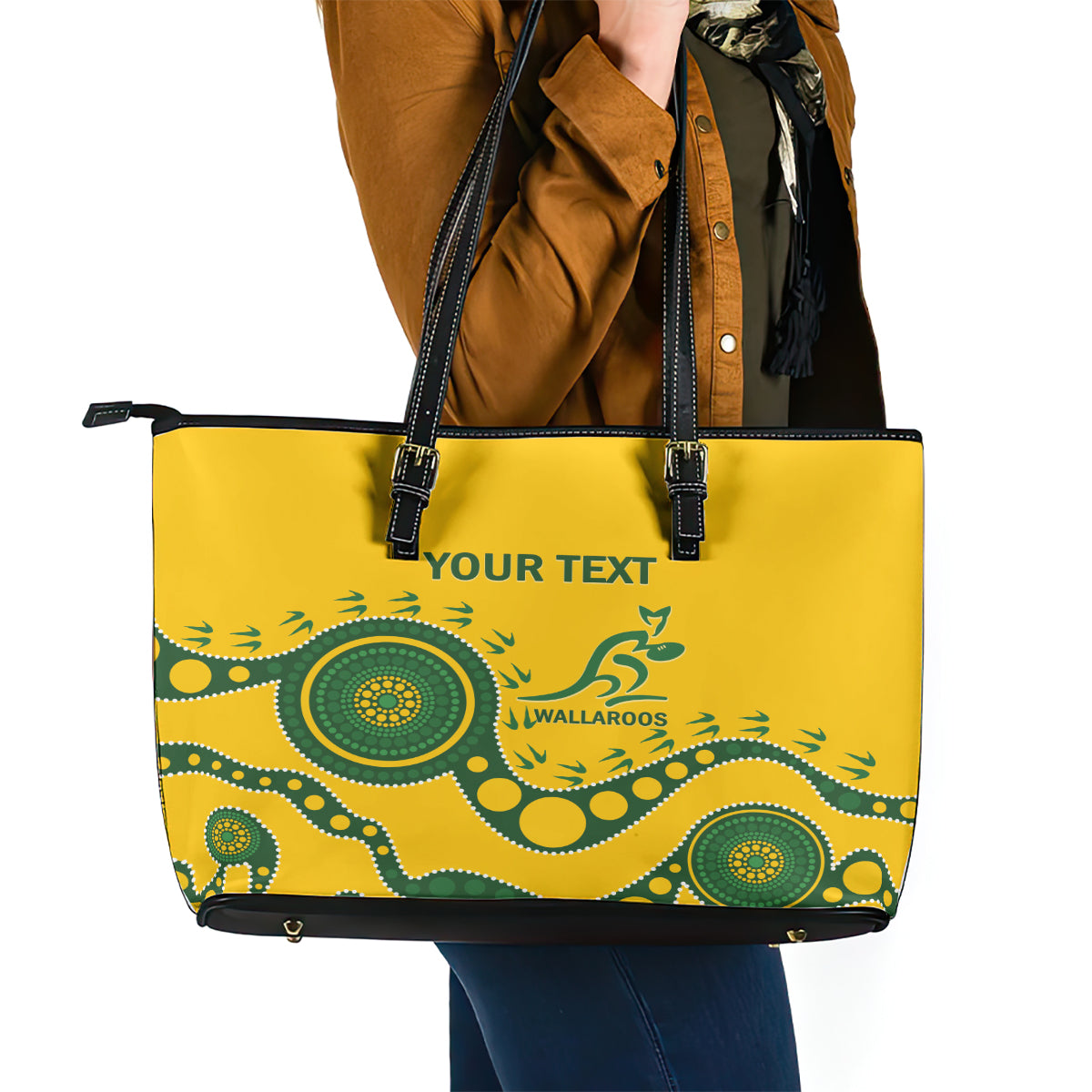 Custom Australia Rugby Leather Tote Bag Go Wallaroos 2024 Pacific Aboriginal Art