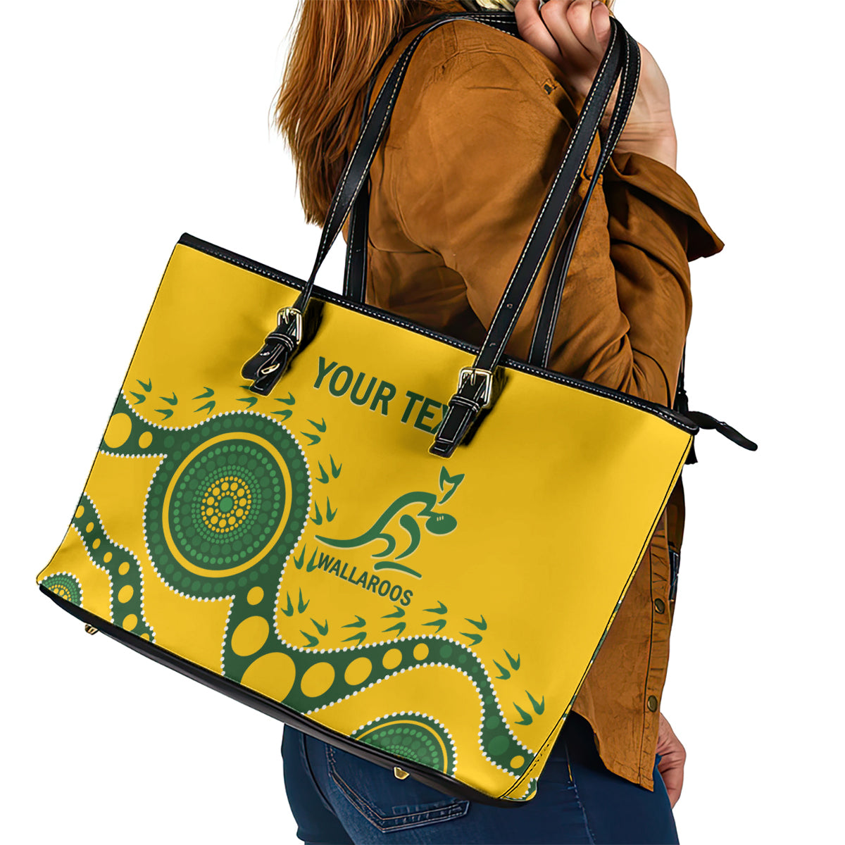 Custom Australia Rugby Leather Tote Bag Go Wallaroos 2024 Pacific Aboriginal Art