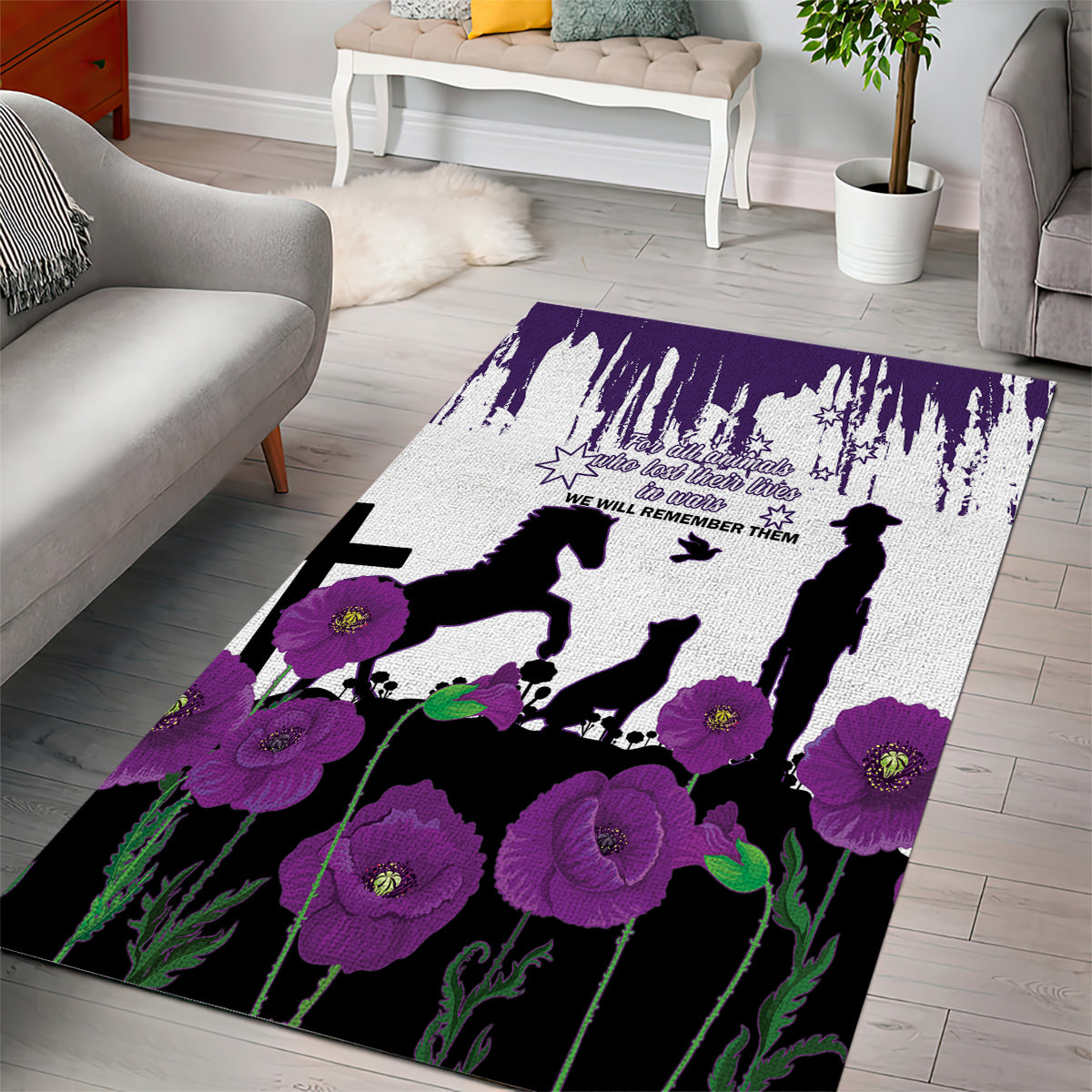 Australia Animal Heroes ANZAC Area Rug Purple Poppy We Will Remember Them