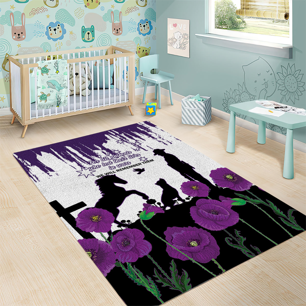 Australia Animal Heroes ANZAC Area Rug Purple Poppy We Will Remember Them