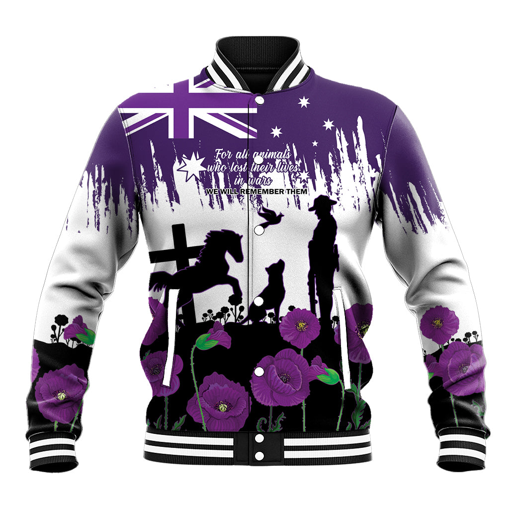 Australia Animal Heroes ANZAC Baseball Jacket Purple Poppy We Will Remember Them