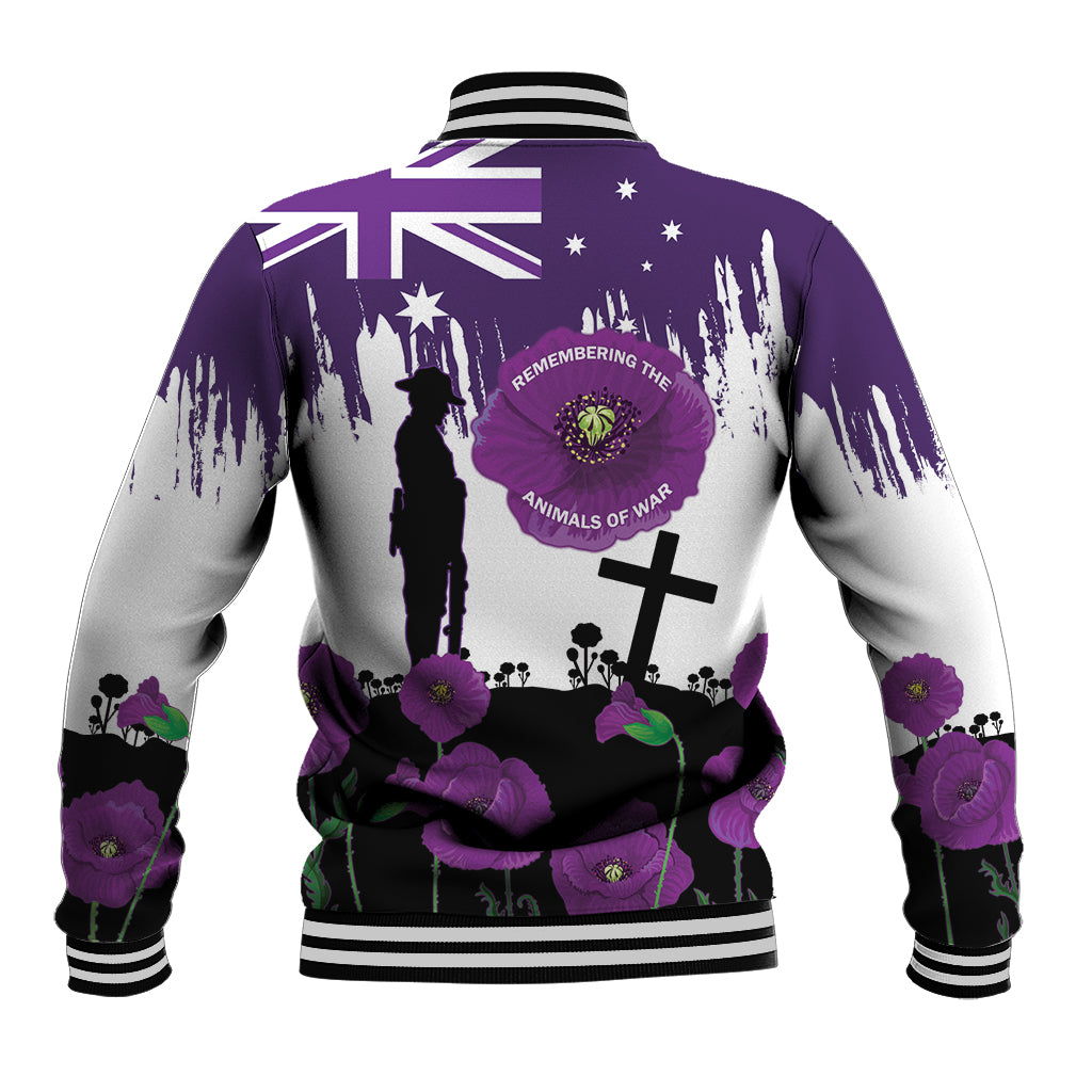 Australia Animal Heroes ANZAC Baseball Jacket Purple Poppy We Will Remember Them