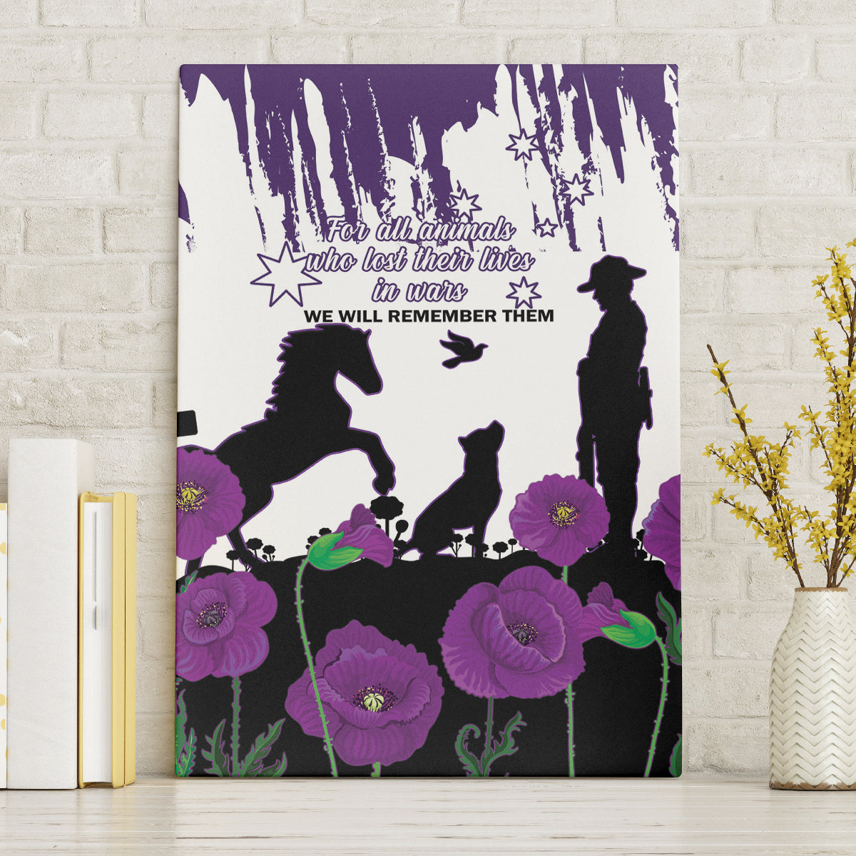 Australia Animal Heroes ANZAC Canvas Wall Art Purple Poppy We Will Remember Them