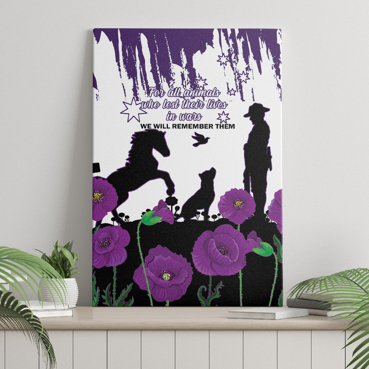 Australia Animal Heroes ANZAC Canvas Wall Art Purple Poppy We Will Remember Them