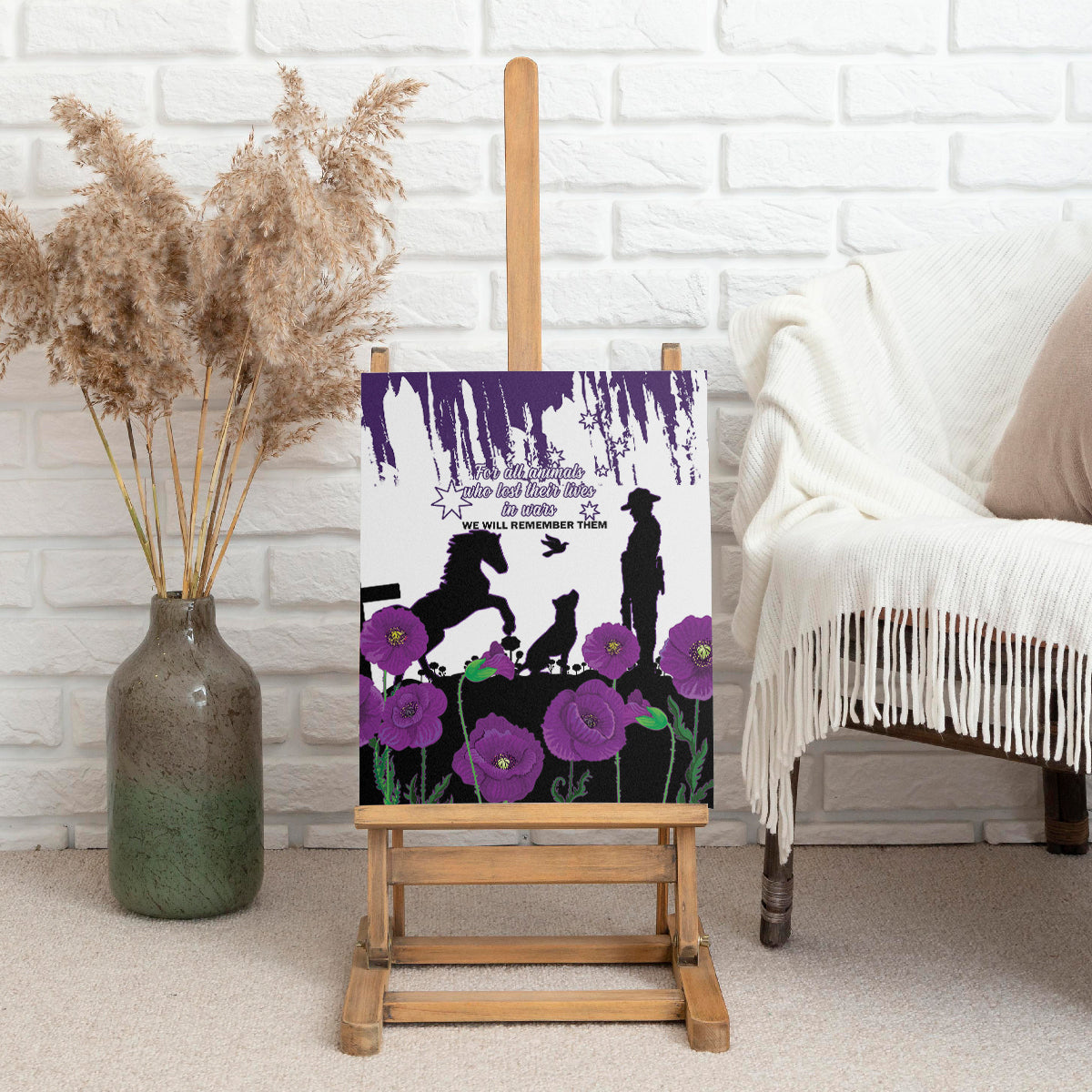 Australia Animal Heroes ANZAC Canvas Wall Art Purple Poppy We Will Remember Them