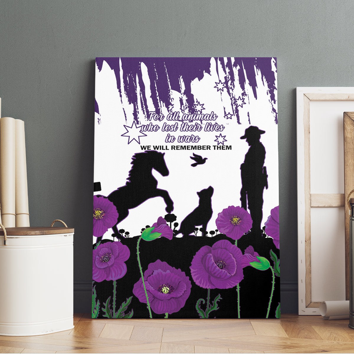 Australia Animal Heroes ANZAC Canvas Wall Art Purple Poppy We Will Remember Them