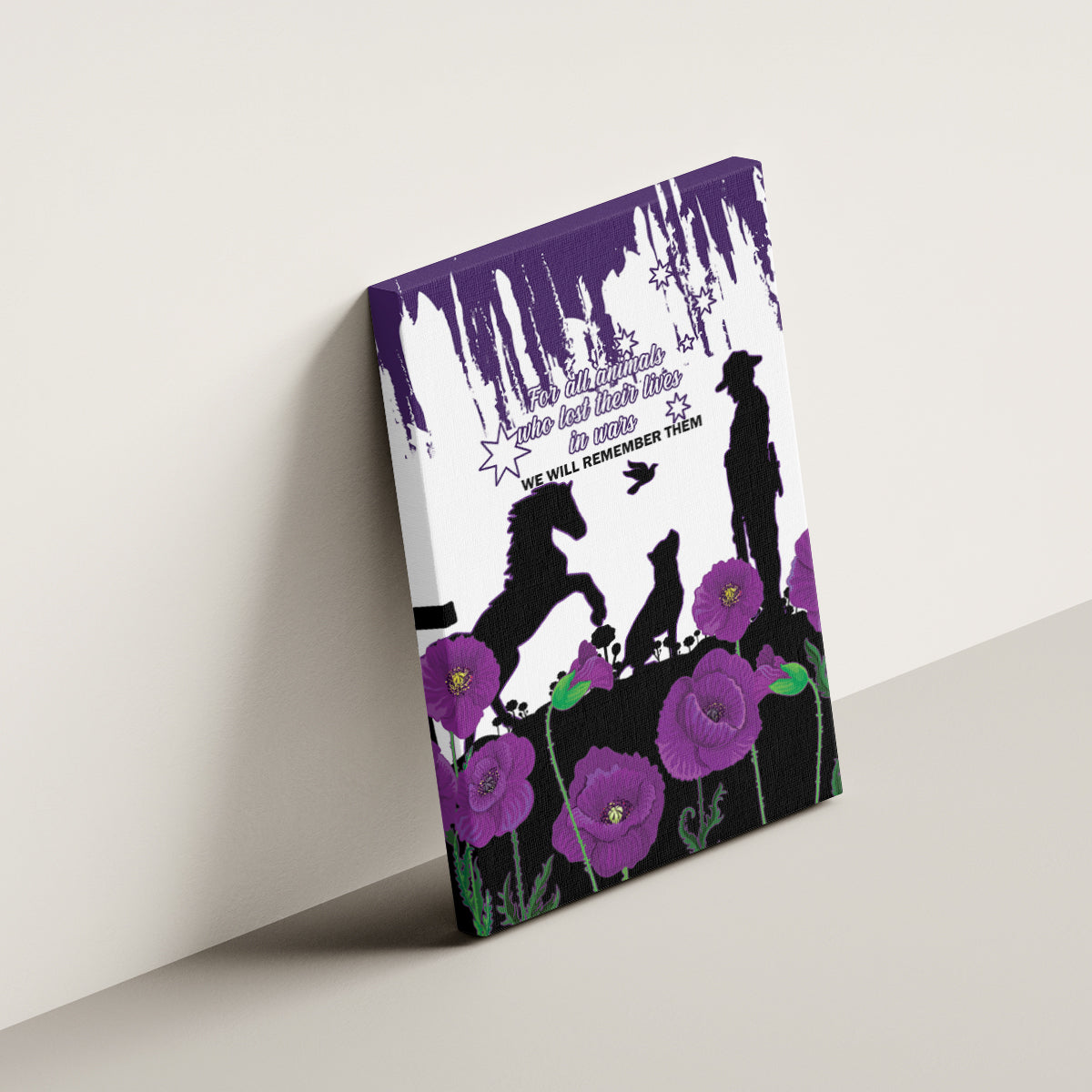 Australia Animal Heroes ANZAC Canvas Wall Art Purple Poppy We Will Remember Them