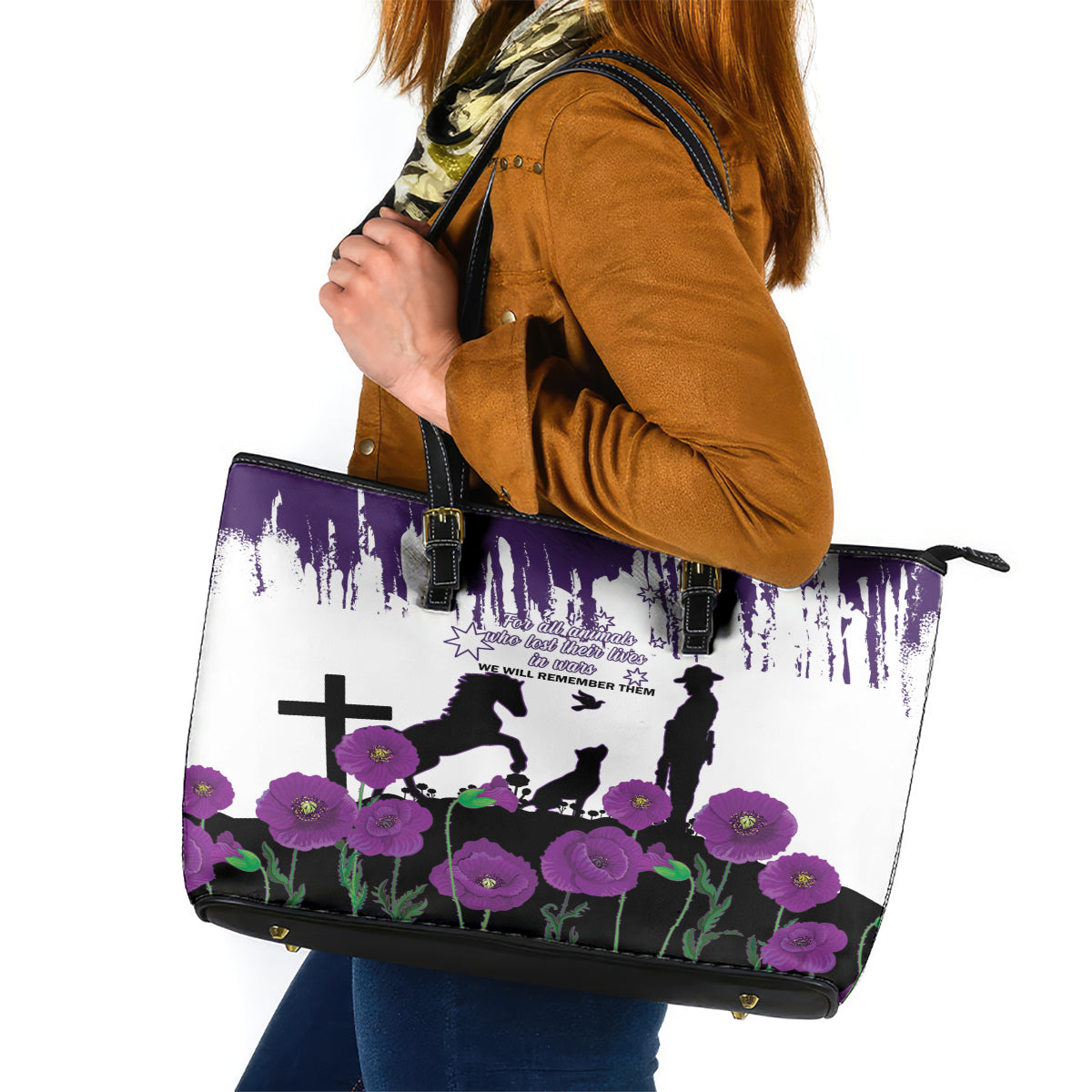 Australia Animal Heroes ANZAC Leather Tote Bag Purple Poppy We Will Remember Them