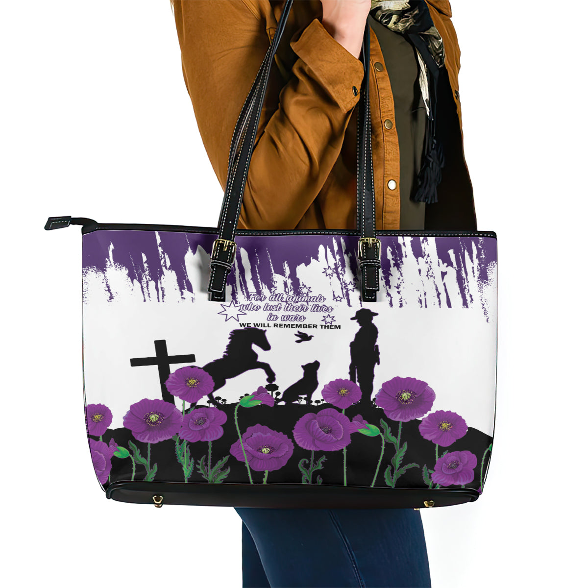 Australia Animal Heroes ANZAC Leather Tote Bag Purple Poppy We Will Remember Them