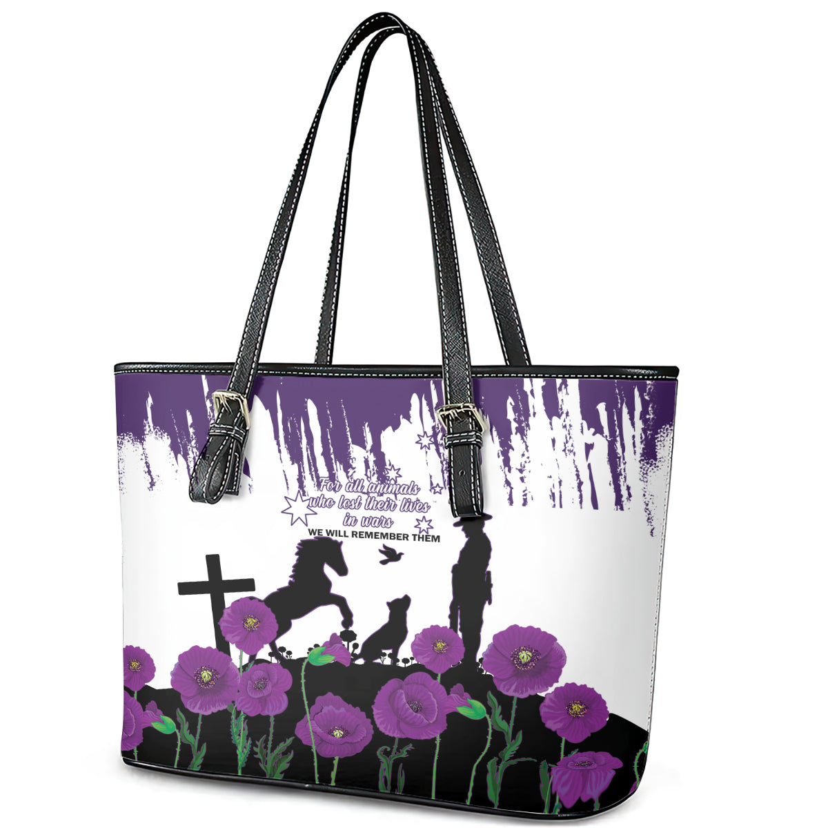 Australia Animal Heroes ANZAC Leather Tote Bag Purple Poppy We Will Remember Them