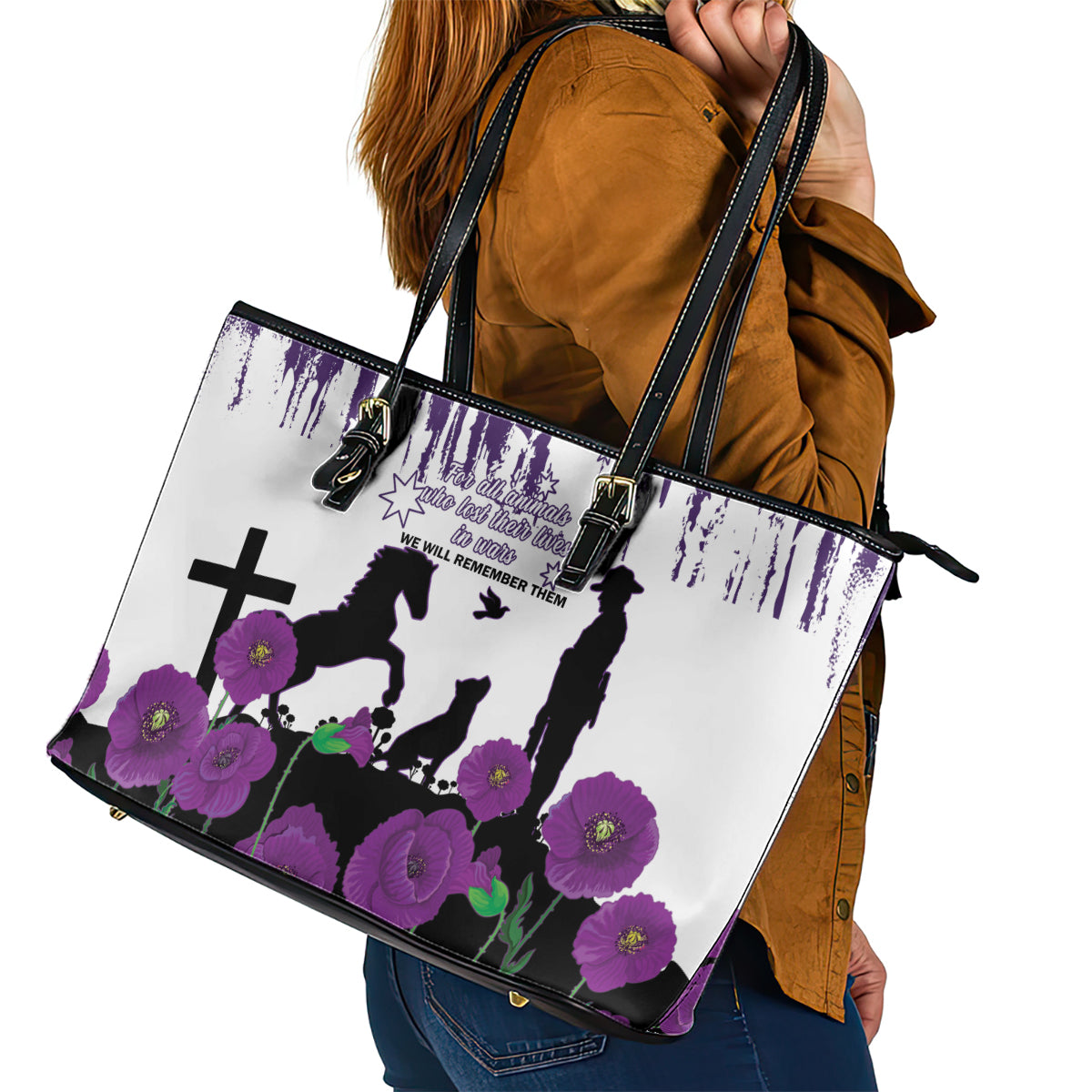 Australia Animal Heroes ANZAC Leather Tote Bag Purple Poppy We Will Remember Them