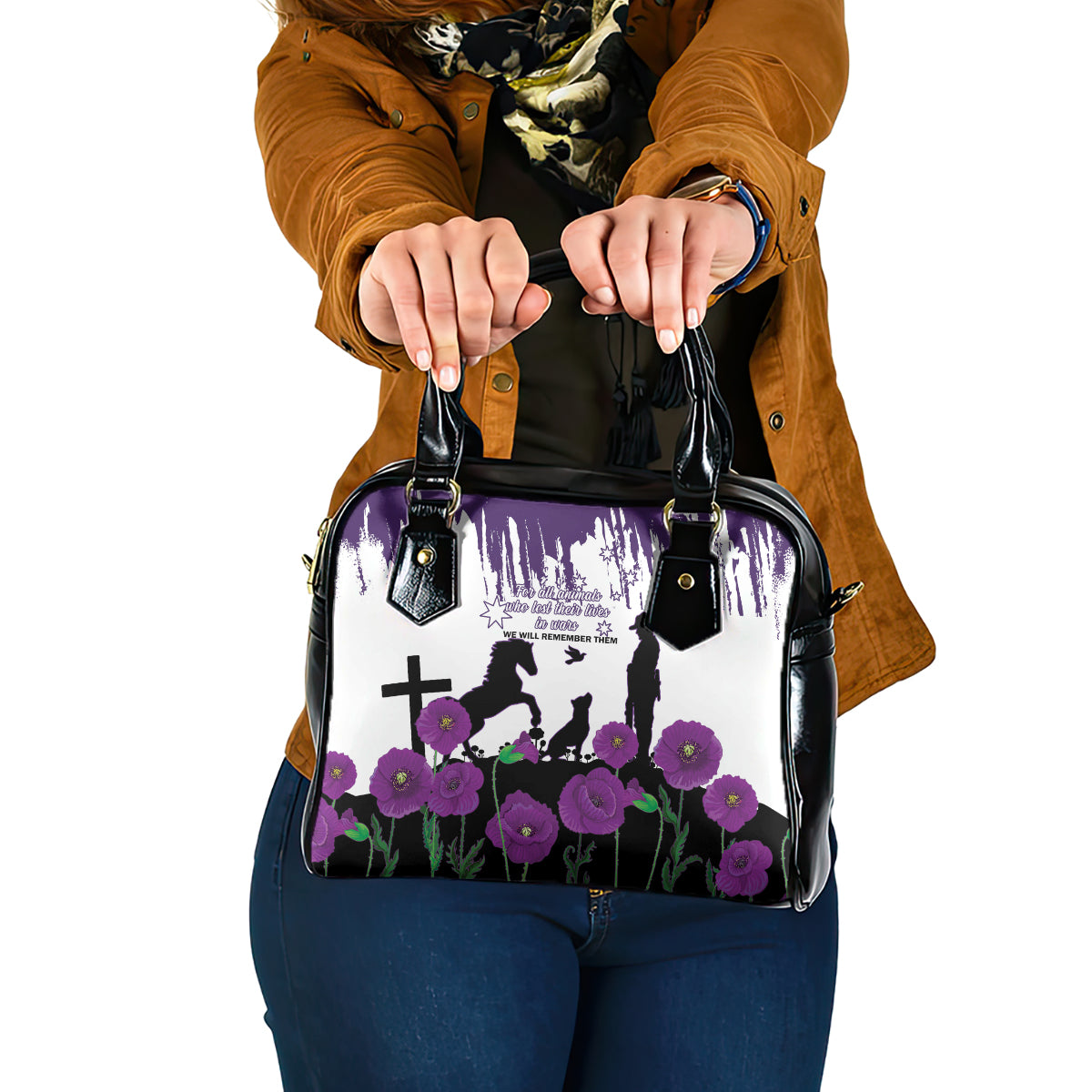 Australia Animal Heroes ANZAC Shoulder Handbag Purple Poppy We Will Remember Them