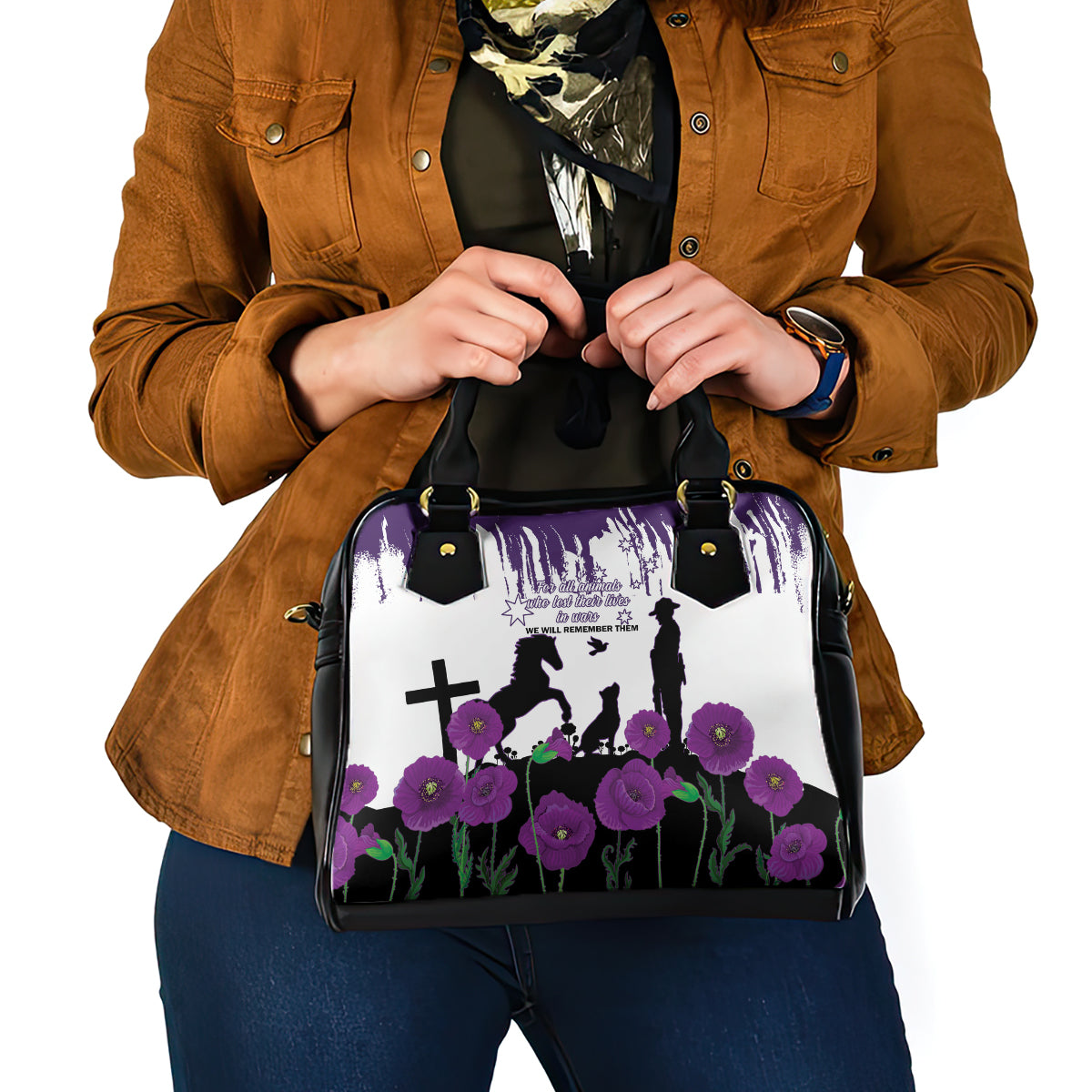 Australia Animal Heroes ANZAC Shoulder Handbag Purple Poppy We Will Remember Them