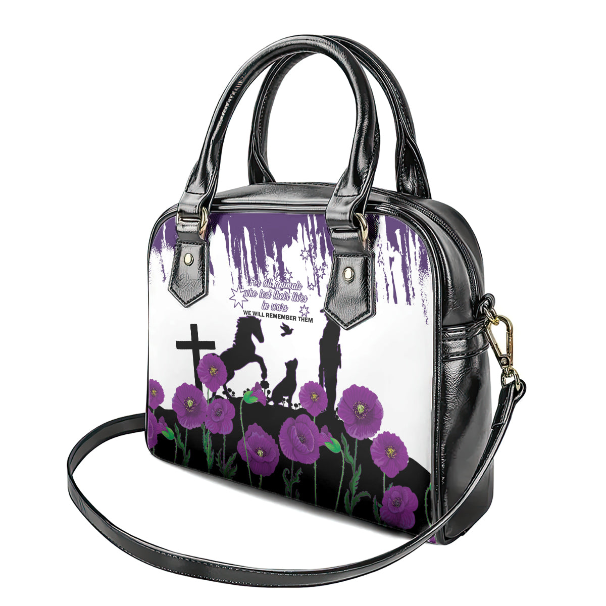 Australia Animal Heroes ANZAC Shoulder Handbag Purple Poppy We Will Remember Them