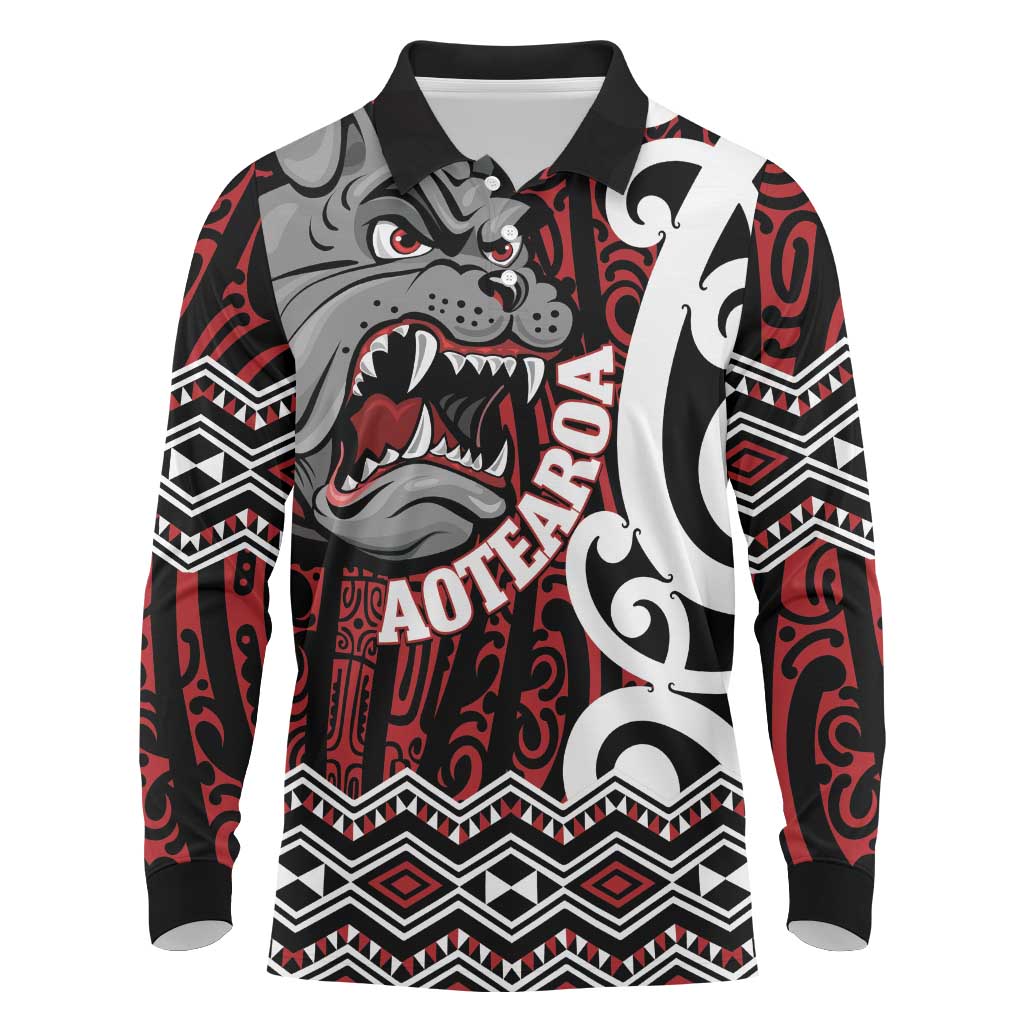 Personalised Aotearoa Bulldog Long Sleeve Polo Shirt New Zealand Maori Taniko Art