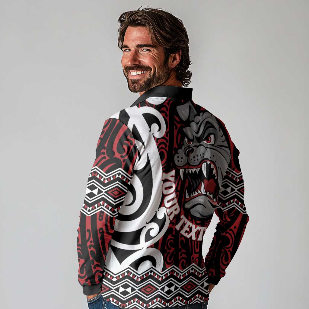 Personalised Aotearoa Bulldog Long Sleeve Polo Shirt New Zealand Maori Taniko Art