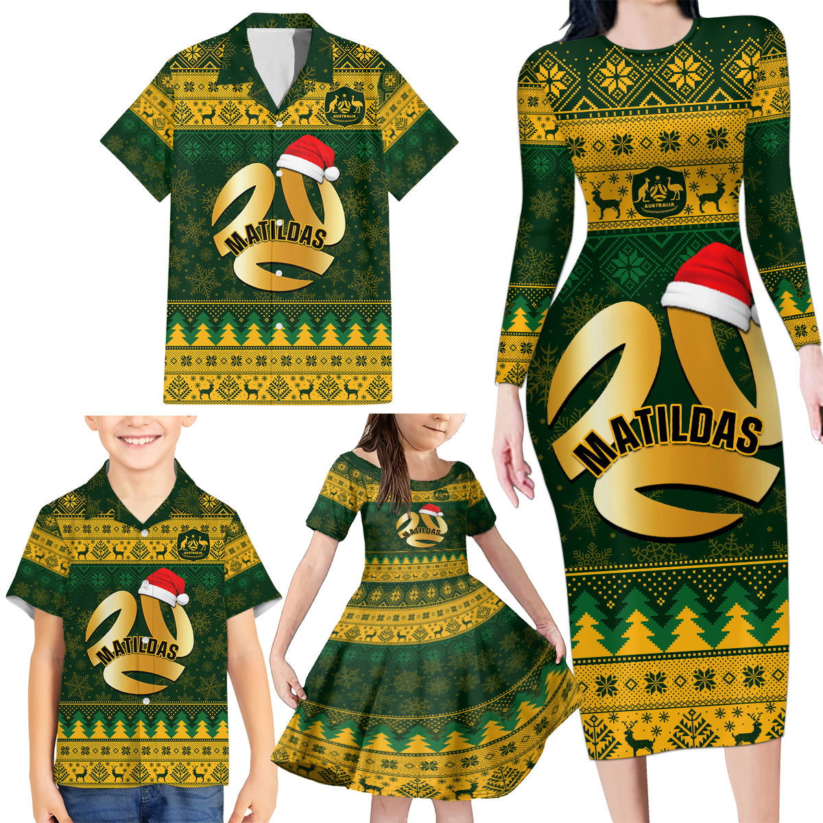 personalised-australia-matildas-christmas-family-matching-long-sleeve-bodycon-dress-and-hawaiian-shirt-merry-xmas-2023-national-color