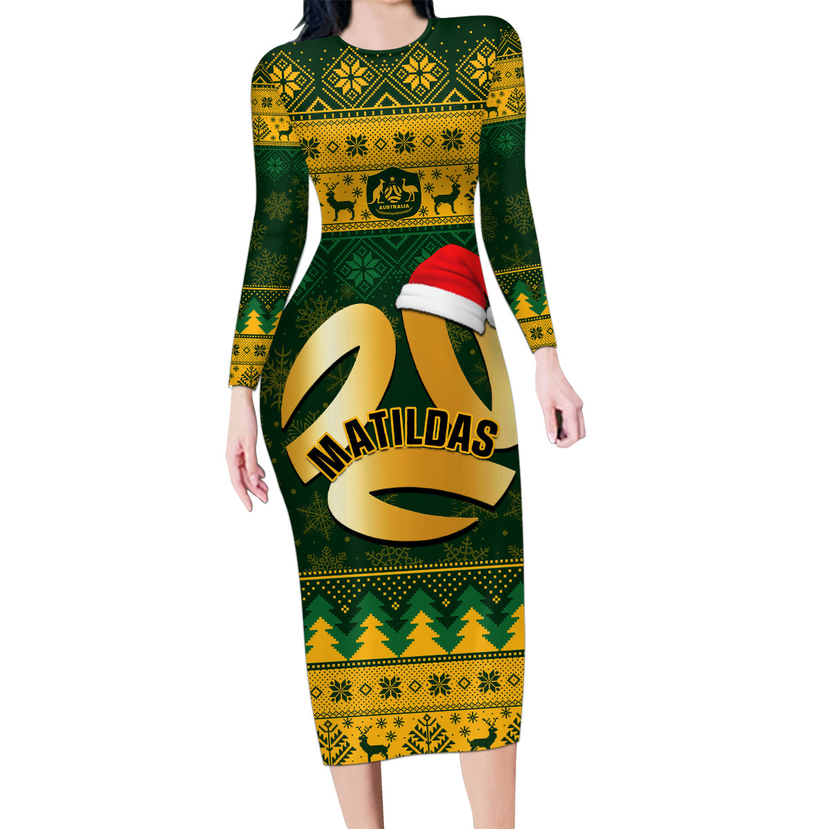 personalised-australia-matildas-christmas-family-matching-long-sleeve-bodycon-dress-and-hawaiian-shirt-merry-xmas-2023-national-color