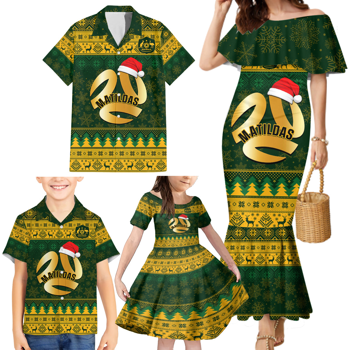 personalised-australia-matildas-christmas-family-matching-mermaid-dress-and-hawaiian-shirt-merry-xmas-2023-national-color