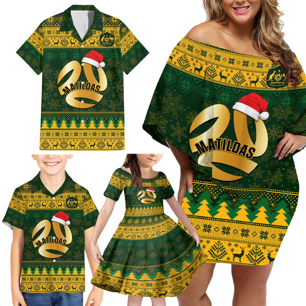 personalised-australia-matildas-christmas-family-matching-off-shoulder-short-dress-and-hawaiian-shirt-merry-xmas-2023-national-color