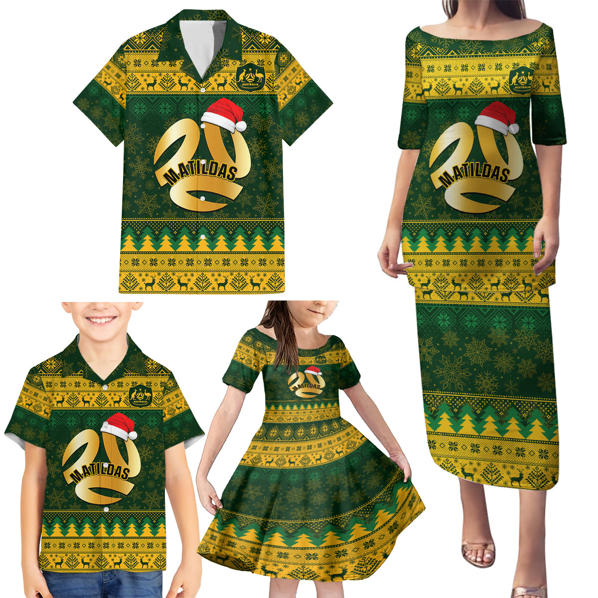 personalised-australia-matildas-christmas-family-matching-puletasi-dress-and-hawaiian-shirt-merry-xmas-2023-national-color