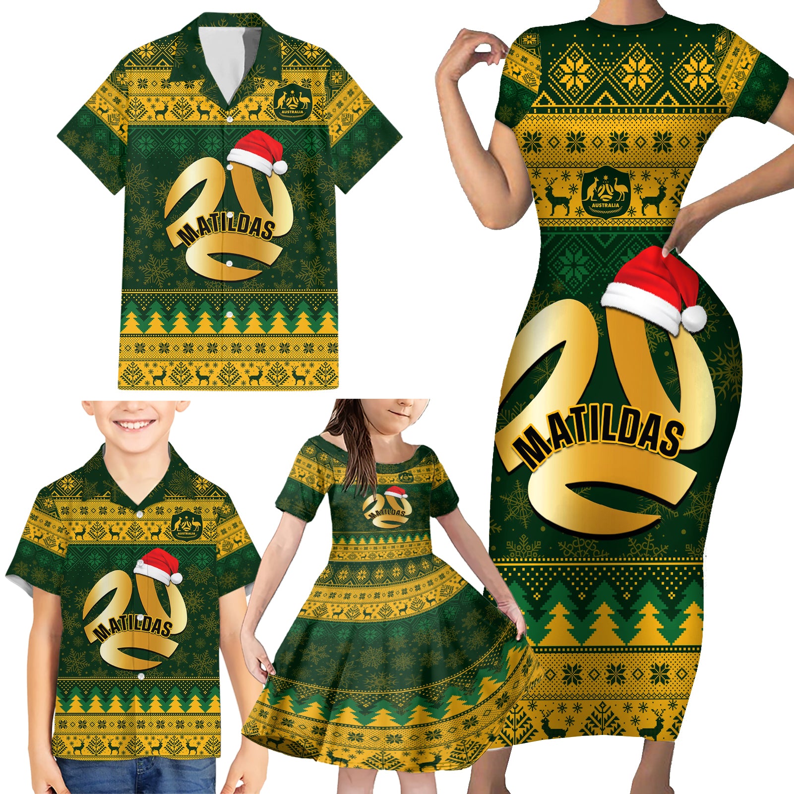 personalised-australia-matildas-christmas-family-matching-short-sleeve-bodycon-dress-and-hawaiian-shirt-merry-xmas-2023-national-color