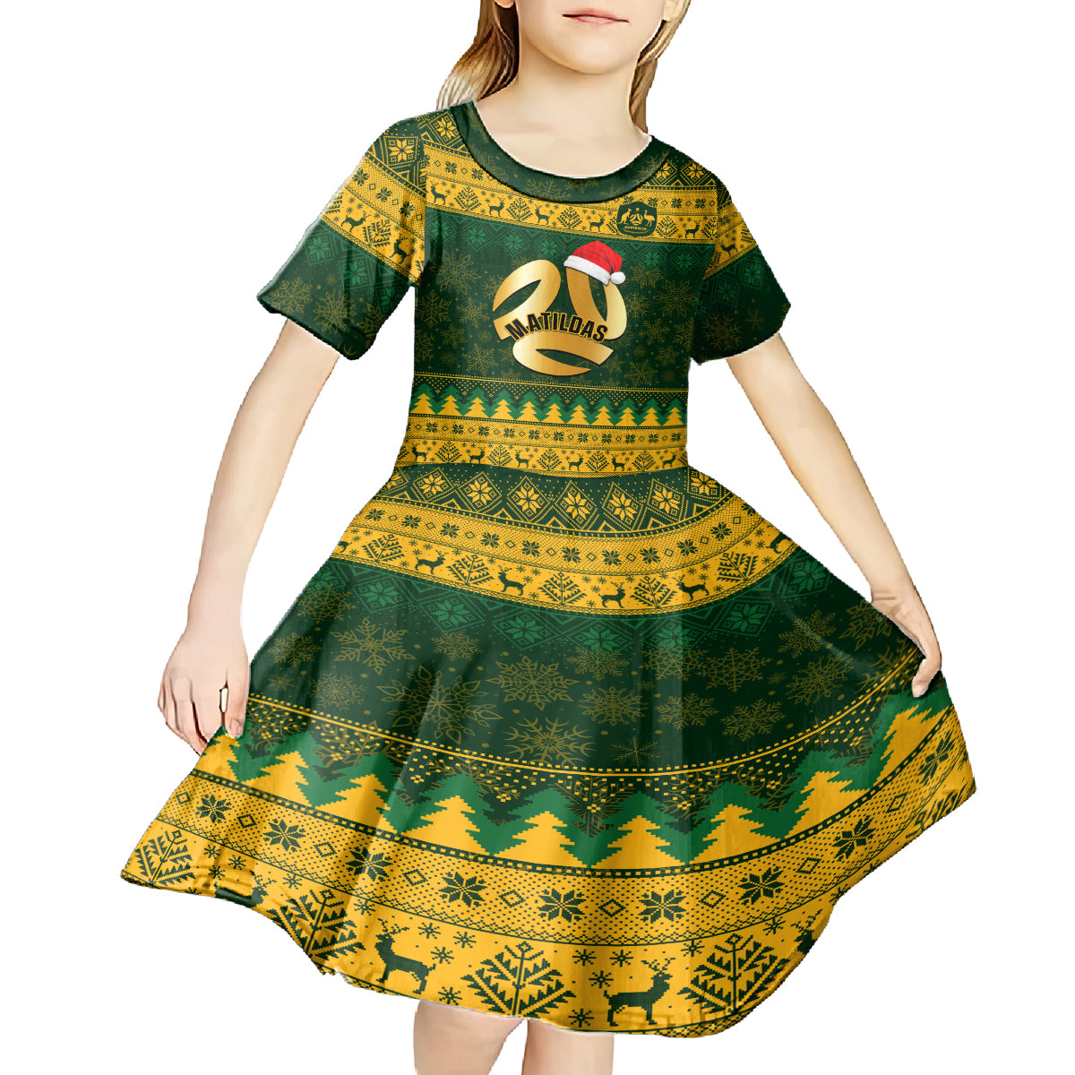 personalised-australia-matildas-christmas-kid-short-sleeve-dress-merry-xmas-2023-national-color