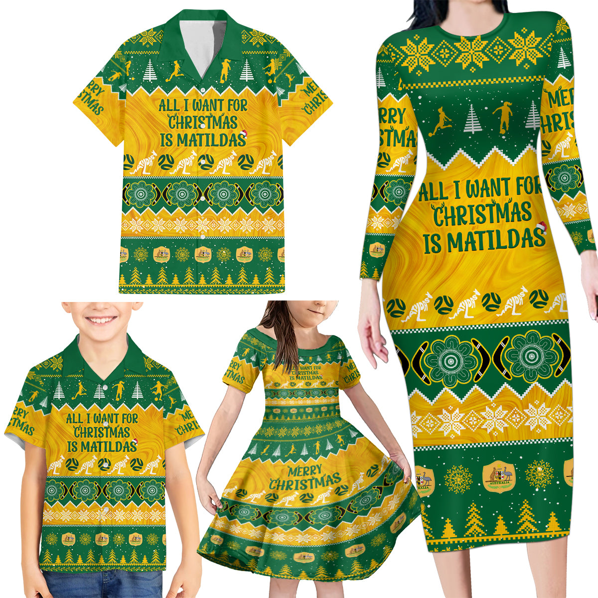 personalised-australia-soccer-christmas-family-matching-long-sleeve-bodycon-dress-and-hawaiian-shirt-all-i-want-for-xmas-is-matildas