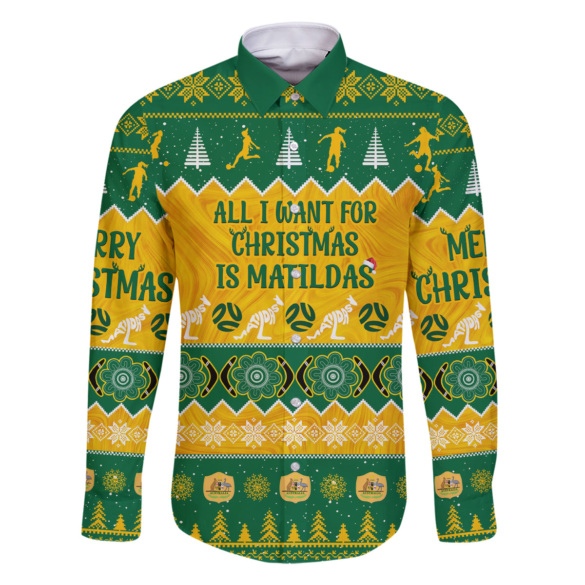 personalised-australia-soccer-christmas-family-matching-long-sleeve-bodycon-dress-and-hawaiian-shirt-all-i-want-for-xmas-is-matildas