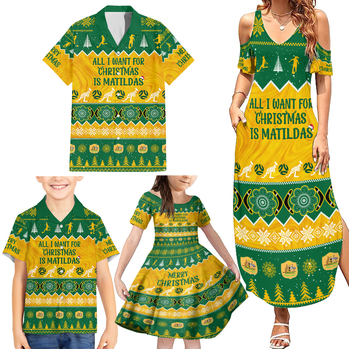 personalised-australia-soccer-christmas-family-matching-summer-maxi-dress-and-hawaiian-shirt-all-i-want-for-xmas-is-matildas