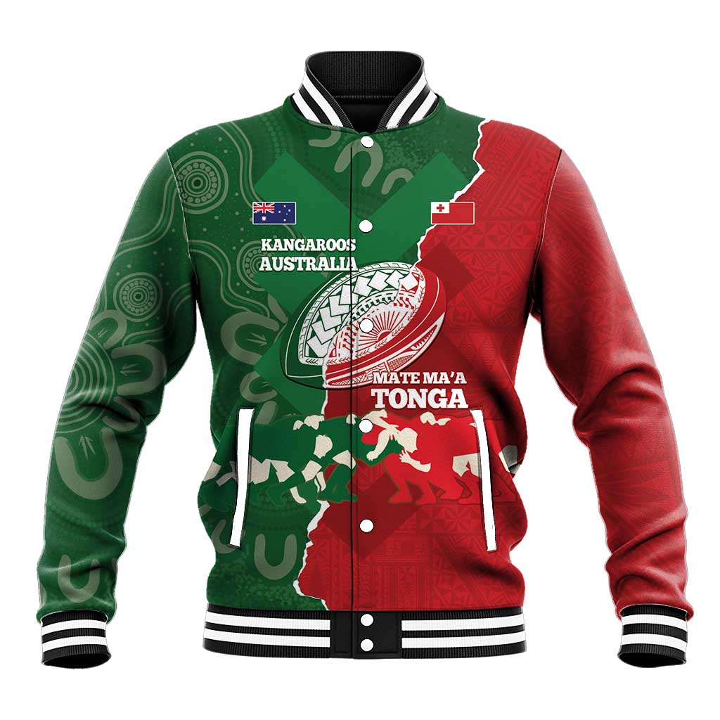 Custom Tonga And Australia Rugby Baseball Jacket Mate Maa Tongan Ngatu Mix Kangaroos Aboriginal