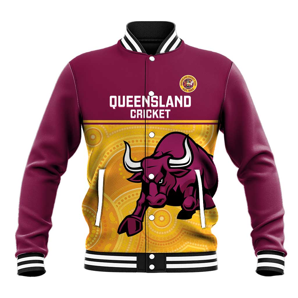 Custom Australia Queensland Cricket Baseball Jacket Go Bulls - Aboriginal Art