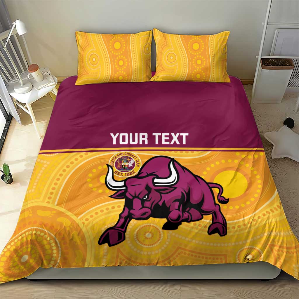 Custom Australia Queensland Cricket Bedding Set Go Bulls - Aboriginal Art