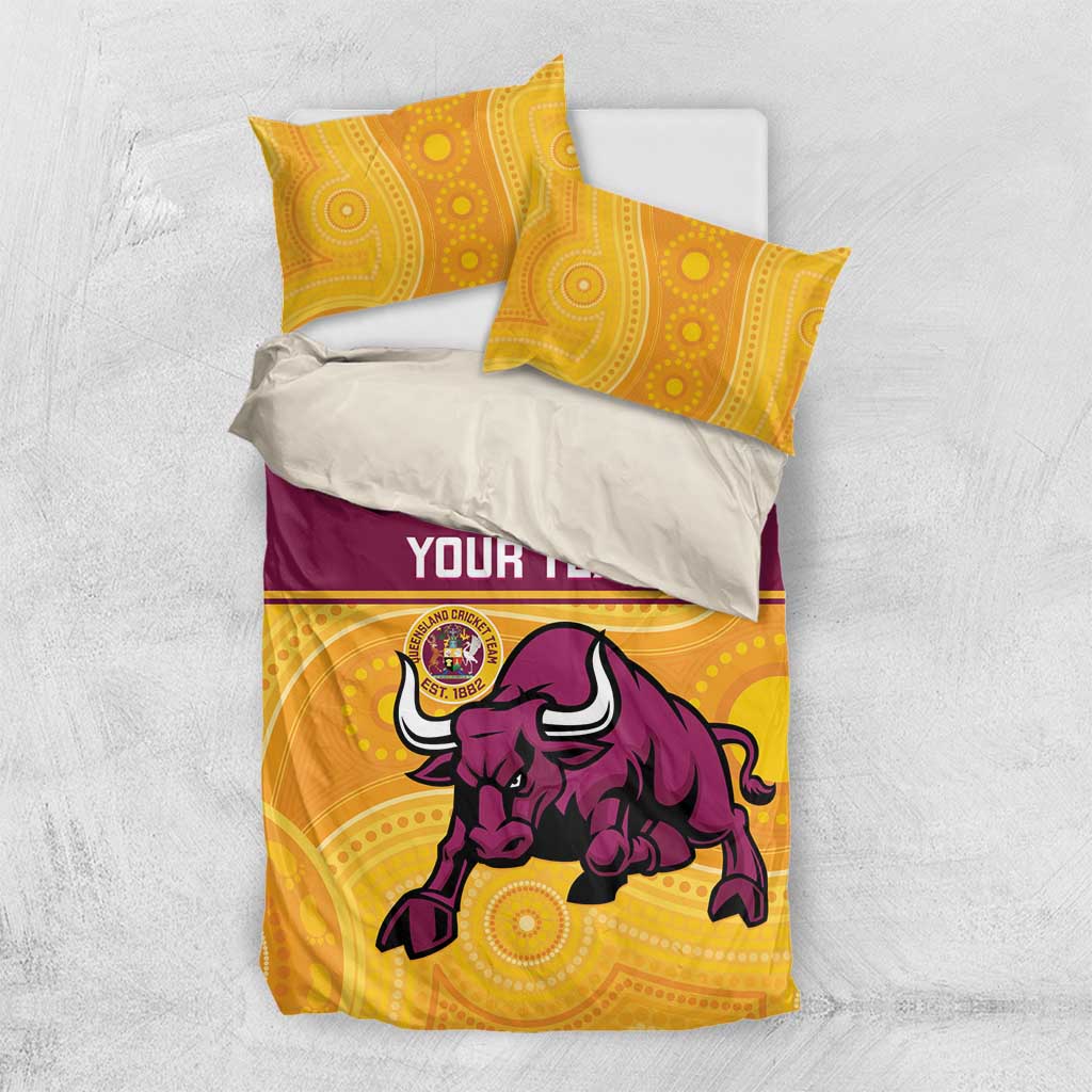 Custom Australia Queensland Cricket Bedding Set Go Bulls - Aboriginal Art